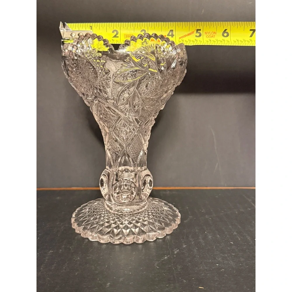 Antique Uranium Vaseline Glass Trumpet Vase EAPG UV Reactive Pressed Glass 6.5